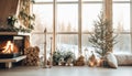 Nordic Christmas concept with a wooden cabin with a view to a winter landscape. Generative AI illustrations Royalty Free Stock Photo