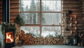 Nordic Christmas concept with a wooden cabin with a view to a winter landscape. Generative AI illustrations Royalty Free Stock Photo