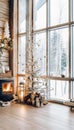 Nordic Christmas concept with a wooden cabin with a view to a winter landscape. Generative AI illustrations