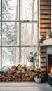 Nordic Christmas concept with a wooden cabin with a view to a winter landscape. Generative AI illustrations Royalty Free Stock Photo