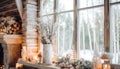 Nordic Christmas concept with a wooden cabin with a view to a winter landscape. Generative AI illustrations Royalty Free Stock Photo