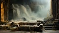 A couch covered in a blanket in front of a waterfall Royalty Free Stock Photo