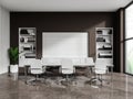 Cozy office room interior with meeting table and seats, panoramic window Royalty Free Stock Photo