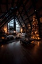 Cozy open loft living room with candles