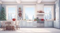 Cozy open plan kitchen decorated for Christmas. Interior design. ai generative