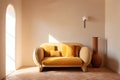 Cozy orange loveseat sofa against of arched window. Interior design of modern living room. Created with generative AI