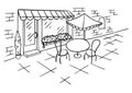 Cozy outdoor cafe in the open air. A table with a chairs. Hand drawn sketch. Vintage style. Black and white vector illustration Royalty Free Stock Photo