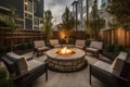 cozy outdoor patio with fire pit, seating and book rack for warm evenings