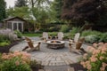 cozy outdoor patio with lounge chairs, fire pit, and blooming garden