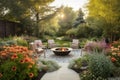 cozy outdoor patio with lounge chairs, fire pit, and blooming garden