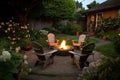 cozy outdoor patio with warm fire and sipping tea, surrounded by blooming gardens