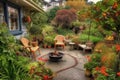 cozy outdoor patio with warm fire and sipping tea, surrounded by blooming gardens