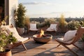 Cozy outdoor roof terrace with armchairs, fire pit and potted plants