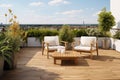 Cozy outdoor roof terrace with armchairs and potted plants