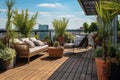 Cozy outdoor roof terrace with armchairs and potted plants