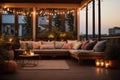 cozy outdoor terrace with outdoor string lights