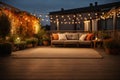 cozy outdoor terrace with outdoor string lights