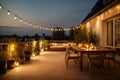 cozy outdoor terrace with outdoor string lights