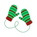 Cozy pair of knitted children mittens with striped pattern. Woolen winter gloves isolated on the white background