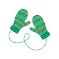 Cozy pair of winter mittens with zigzag pattern. Woolen knitted kids gloves isolated on the white background. Vector Royalty Free Stock Photo