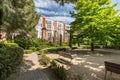 Cozy park for walking and resting. Modern residential complex in Barcelona, Spain