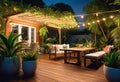 Cozy patio in the back garden with wooden decking, tropical plants and plunge pool. modern design of a place to relax at home, Royalty Free Stock Photo