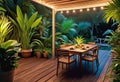 Cozy patio in the back garden with wooden decking, tropical plants and plunge pool. modern design of a place to relax at home,