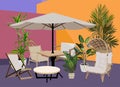 Cozy Patio with Outdoor furniture, potted plants. Royalty Free Stock Photo