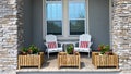 A cozy peaceful front porch of a house with adirondack chairs and flower planters Royalty Free Stock Photo