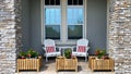 A cozy peaceful front porch of a house with adirondack chairs and flower planters Royalty Free Stock Photo