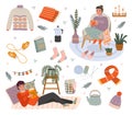 Cozy people characters. Relax time at home, young man and woman chill among cozy little things, knitwear and comfort Royalty Free Stock Photo