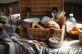 cozy picnic basket with blankets, plates and silverware, and colorful snacks inside