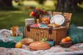 cozy picnic basket with blankets, plates and silverware, and colorful snacks inside