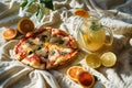 Cozy Picnic with Margherita Pizza and Lemonade. Sunlit picnic scene featuring a Margherita pizza and citrus lemonade on