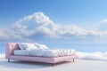 Cozy pink bed cloudy sky background. Concept of comfortable sleeping