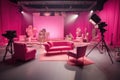A cozy pink room featuring a couch, chairs, and a projector for an enjoyable and relaxing entertainment experience, Pink film set