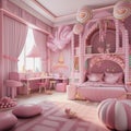 Cozy pink room with floral wallpaper, adorned with vintage furniture and delicate lace curtains. Soft lighting creates a warm and