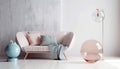 Cozy pink sofa against of concrete and white wall. Created with generative AI