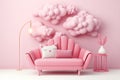 Cozy pink sofa in girly room with pink walls and cloud decorations