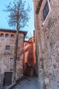 Cozy pink street of the medieval stone town of Albarracin, Spain Royalty Free Stock Photo