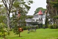 Cozy place in the park for relaxation. table with chairs on the lawn in the relax park. beautiful picturesque well-groomed park in