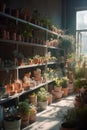 Cozy plant store with many potted plants on shelfs. AI generated