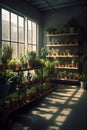 Cozy plant store with many potted plants on shelfs. AI generated