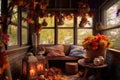 cozy porch corner with colorful autumn wreaths and lanterns