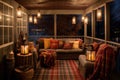 cozy porch with plaid blankets and lanterns