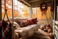 cozy porch swing with plaid blankets and fall wreath