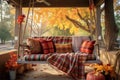 cozy porch swing with plaid blankets and fall wreath