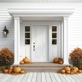 Cozy porch of white wooden house decorated with Halloween Thanksgiving pumpkins