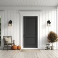 Cozy porch of a white wooden house decorated with pumpkins for Halloween