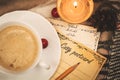 Cozy postcard, session greetings photo mood, warm colors, a cup of hot drink, coffee with candles